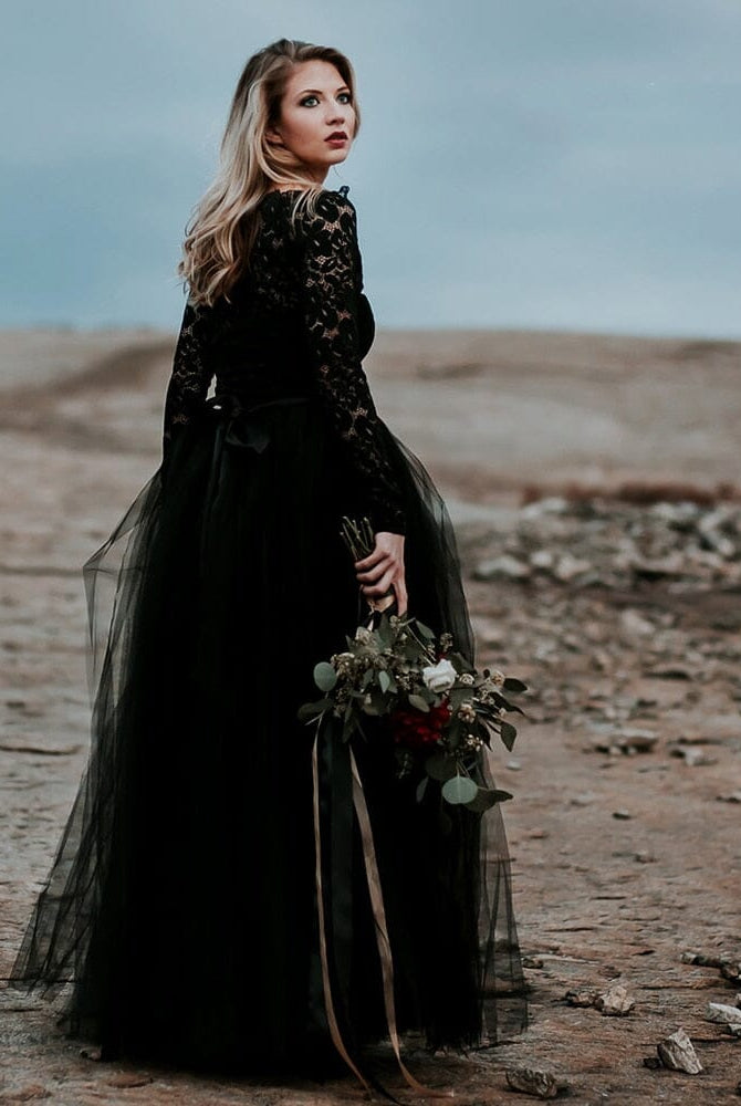 A-Line Black Lace Appliqued Wedding Dress With Train
