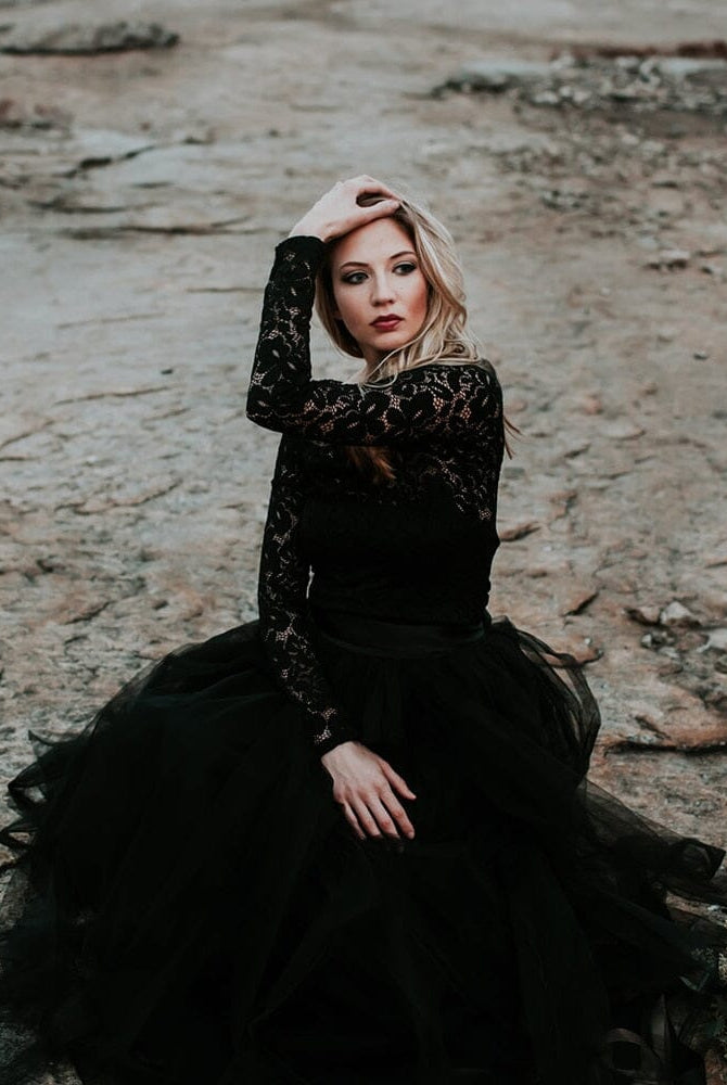 A-Line Black Lace Appliqued Wedding Dress With Train