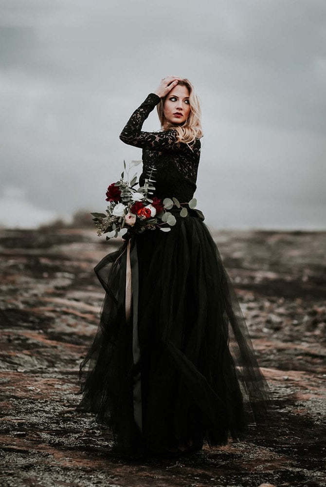 A-Line Black Lace Appliqued Wedding Dress With Train