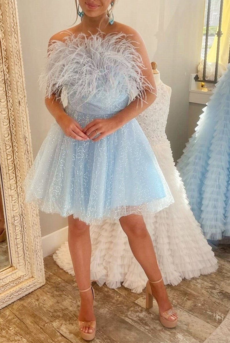 A-Line Black Sequin Feather Short Party Dress