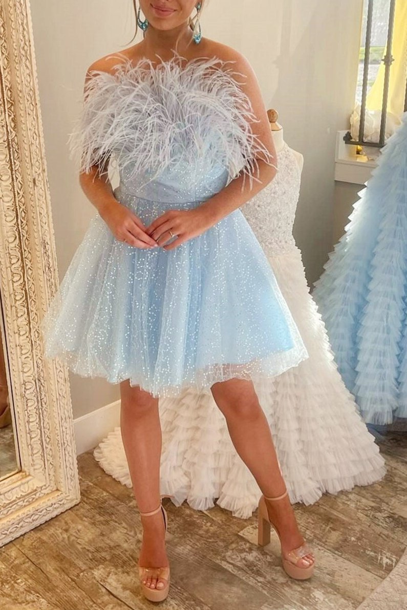 A-Line Black Sequin Feather Short Party Dress