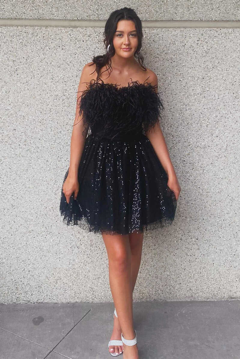 A-Line Black Sequin Feather Short Party Dress