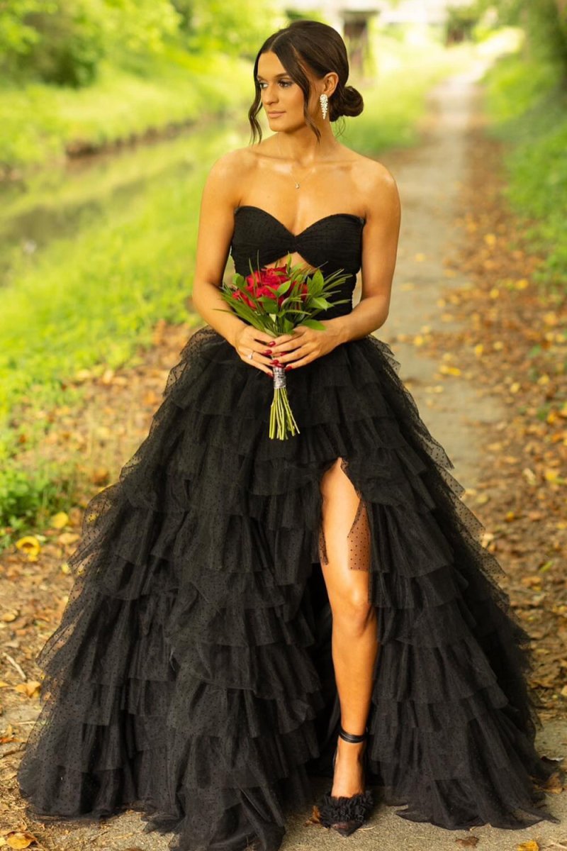 A Line Black Tiered Tulle Sweetheart Long Prom Dresses with Slit A Line Black Tiered Tulle Sweetheart Long Prom Dresses with Slit