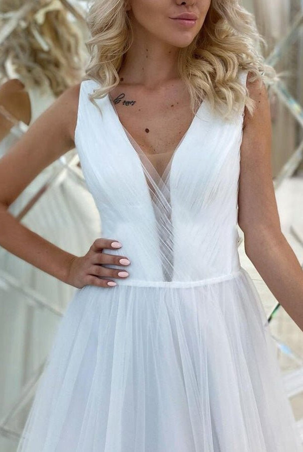 A Line Bohemian Long Tulle Simple Wedding Dress V Neck - KissProm