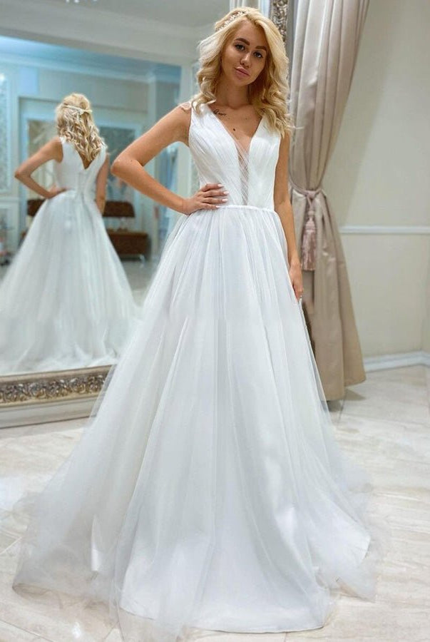 A Line Bohemian Long Tulle Simple Wedding Dress V Neck - KissProm