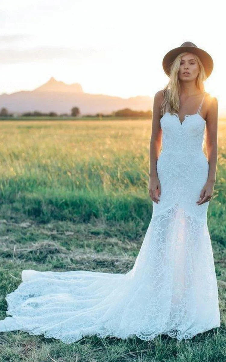 Mermaid Bohemian Low V Back Full Lace Beach Garden Bridal Gowns Mermaid Bohemian Low V Back Full Lace Beach Garden Bridal Gowns
