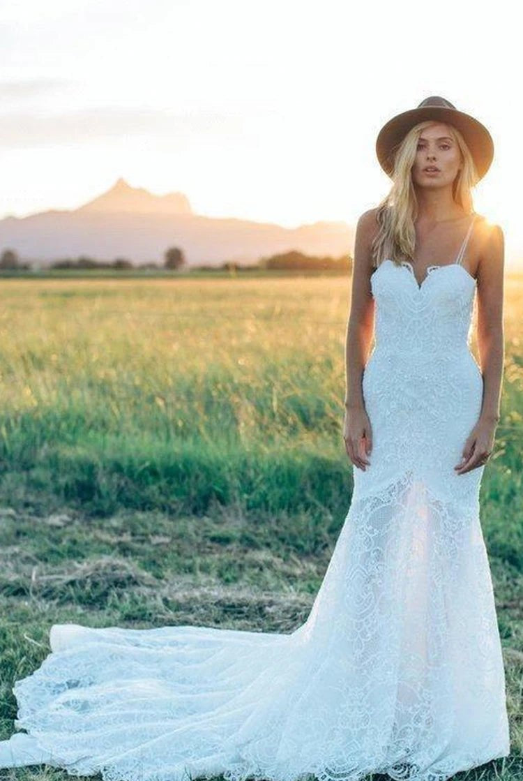 Mermaid Bohemian Low V Back Full Lace Beach Garden Bridal Gowns