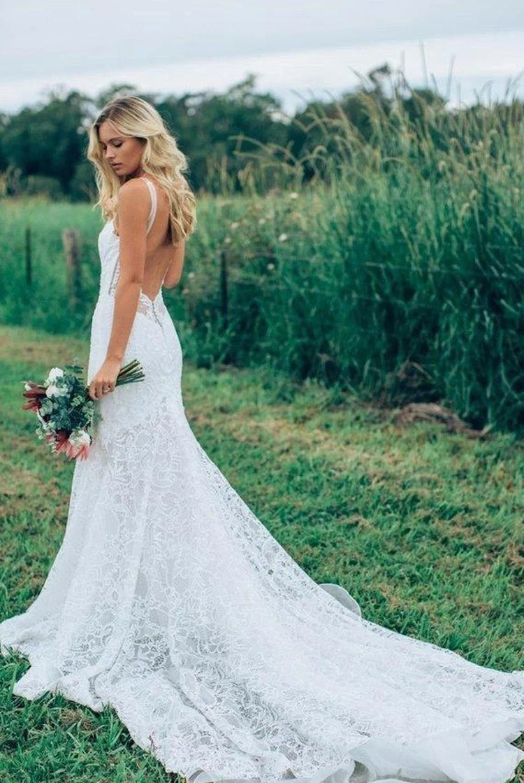 Mermaid Bohemian Low V Back Full Lace Beach Garden Bridal Gowns