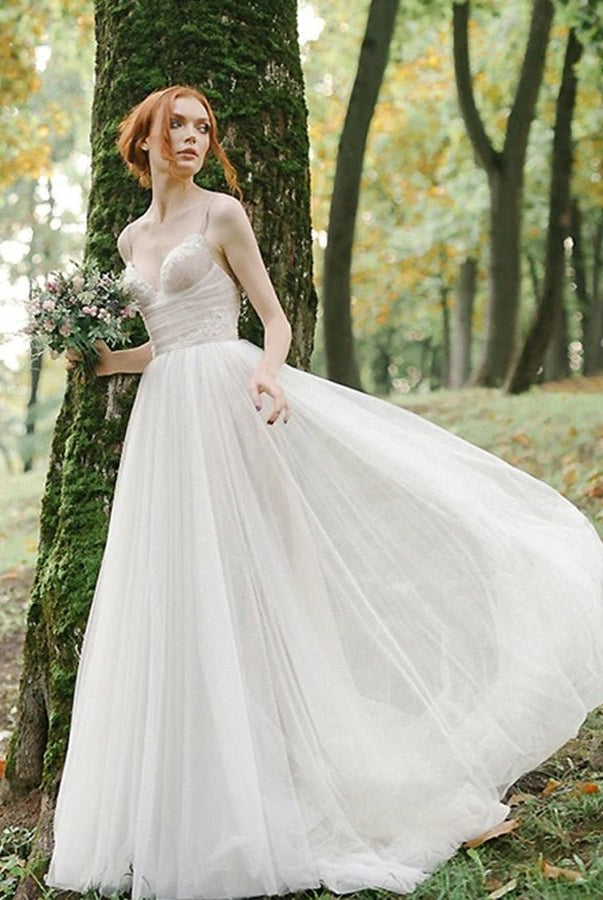 A Line Bohemian Tulle Lace Wedding Dresses Bridal Gowns Beach - KissProm