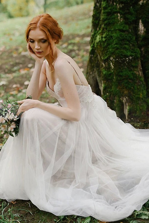 A Line Bohemian Tulle Lace Wedding Dresses Bridal Gowns Beach - KissProm