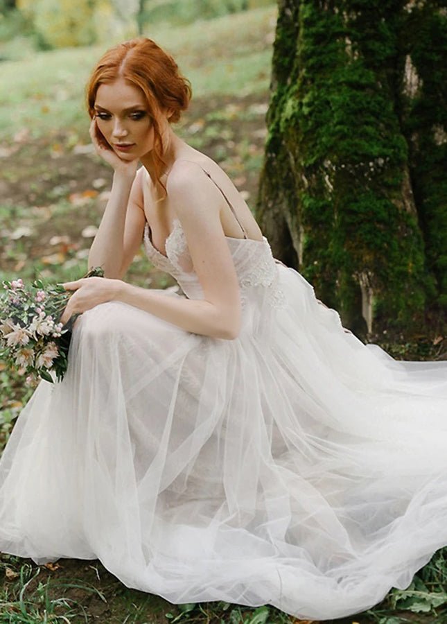 A Line Bohemian Tulle Lace Wedding Dresses Bridal Gowns Beach - KissProm