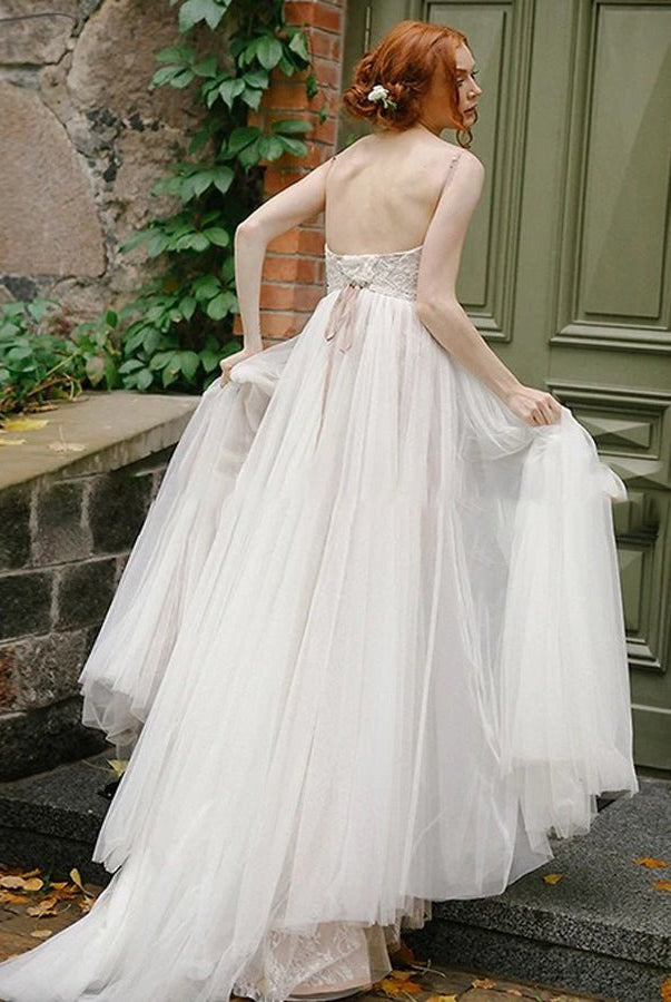 A Line Bohemian Tulle Lace Wedding Dresses Bridal Gowns Beach - KissProm