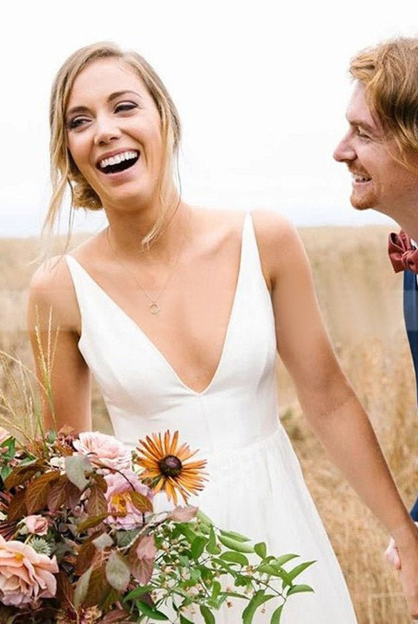 A Line Sleeveless Chiffon Deep V Neck Simple Long Beach Wedding Dress