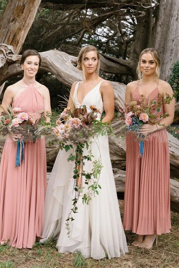 A Line Sleeveless Chiffon Deep V Neck Simple Long Beach Wedding Dress