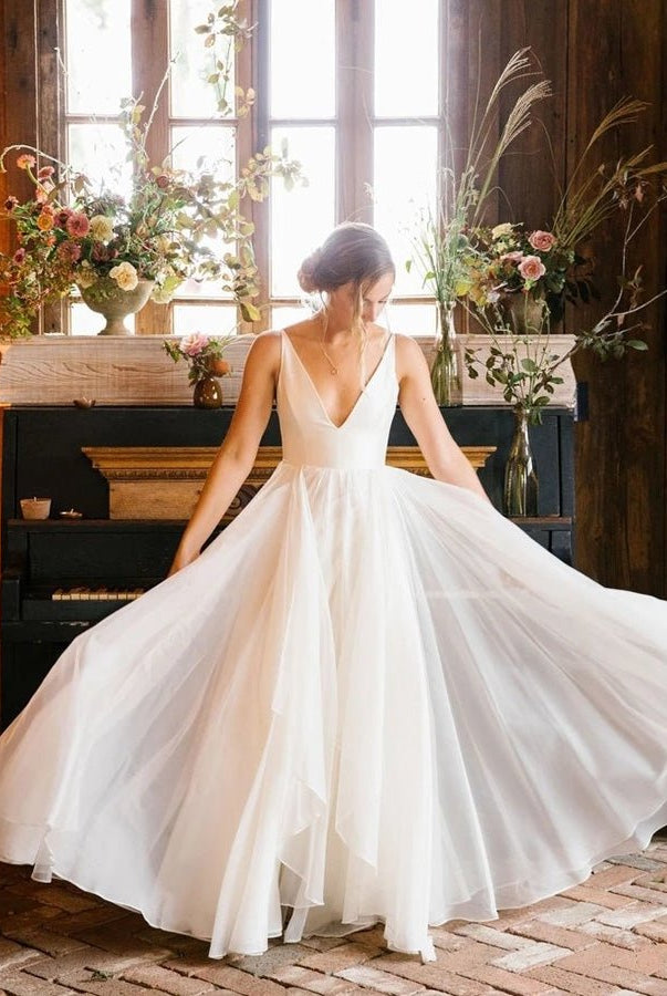 A Line Sleeveless Chiffon Deep V Neck Simple Long Beach Wedding Dress
