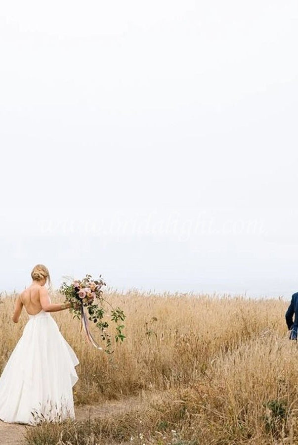 A Line Sleeveless Chiffon Deep V Neck Simple Long Beach Wedding Dress