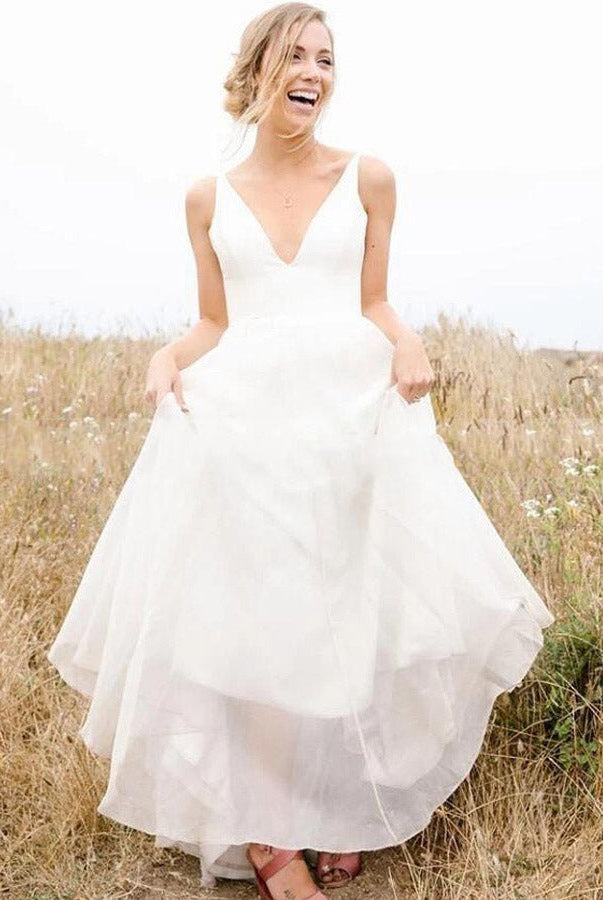 A Line Sleeveless Chiffon Deep V Neck Simple Long Beach Wedding Dress