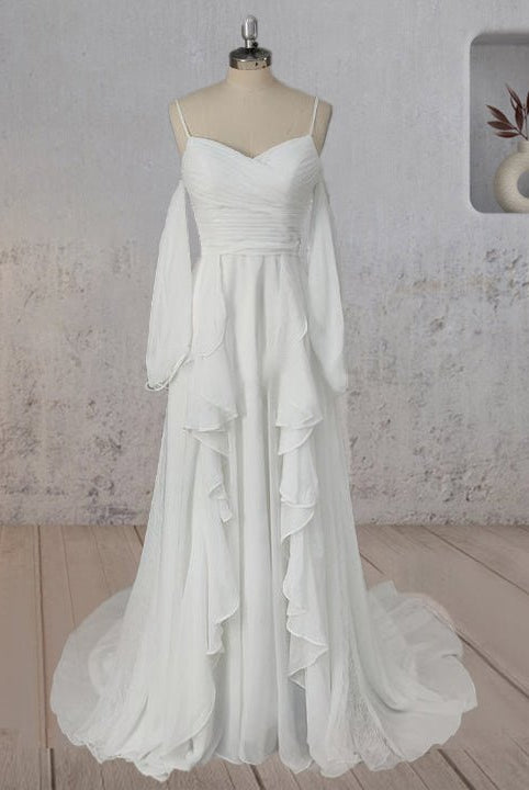 A-Line Chiffon Detachable Puffy Sleeves Wedding Dress