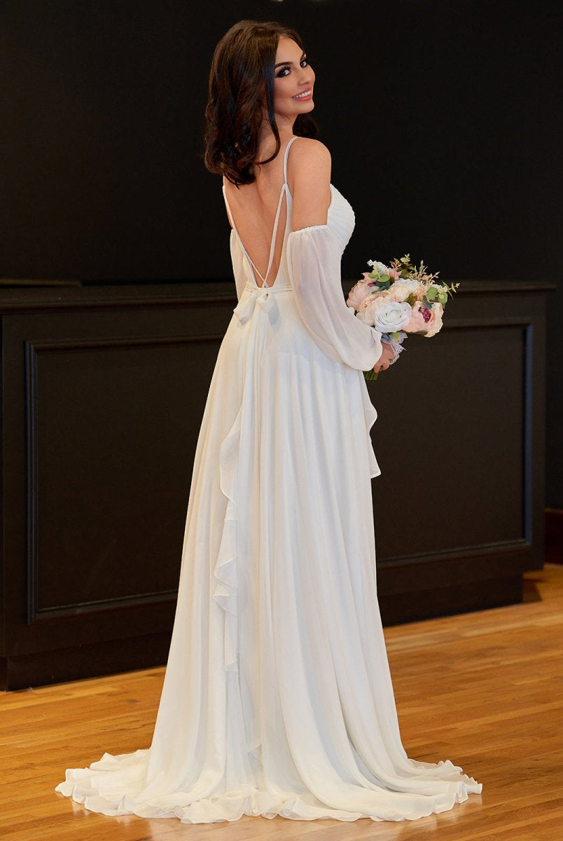 A-Line Chiffon Detachable Puffy Sleeves Wedding Dress