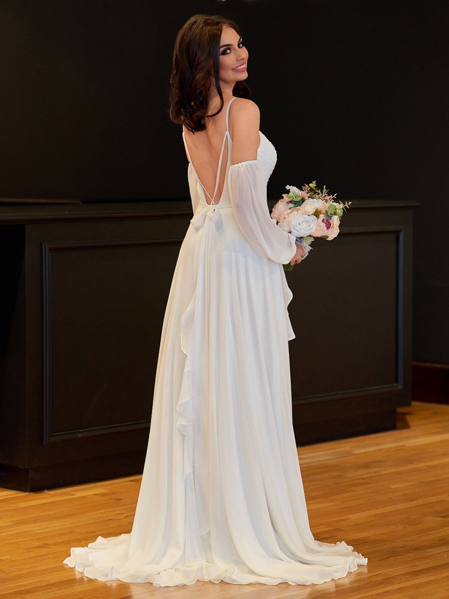 A-Line Chiffon Detachable Puffy Sleeves Wedding Dress