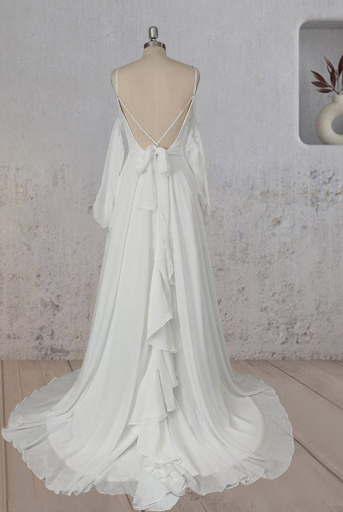 A-Line Chiffon Detachable Puffy Sleeves Wedding Dress
