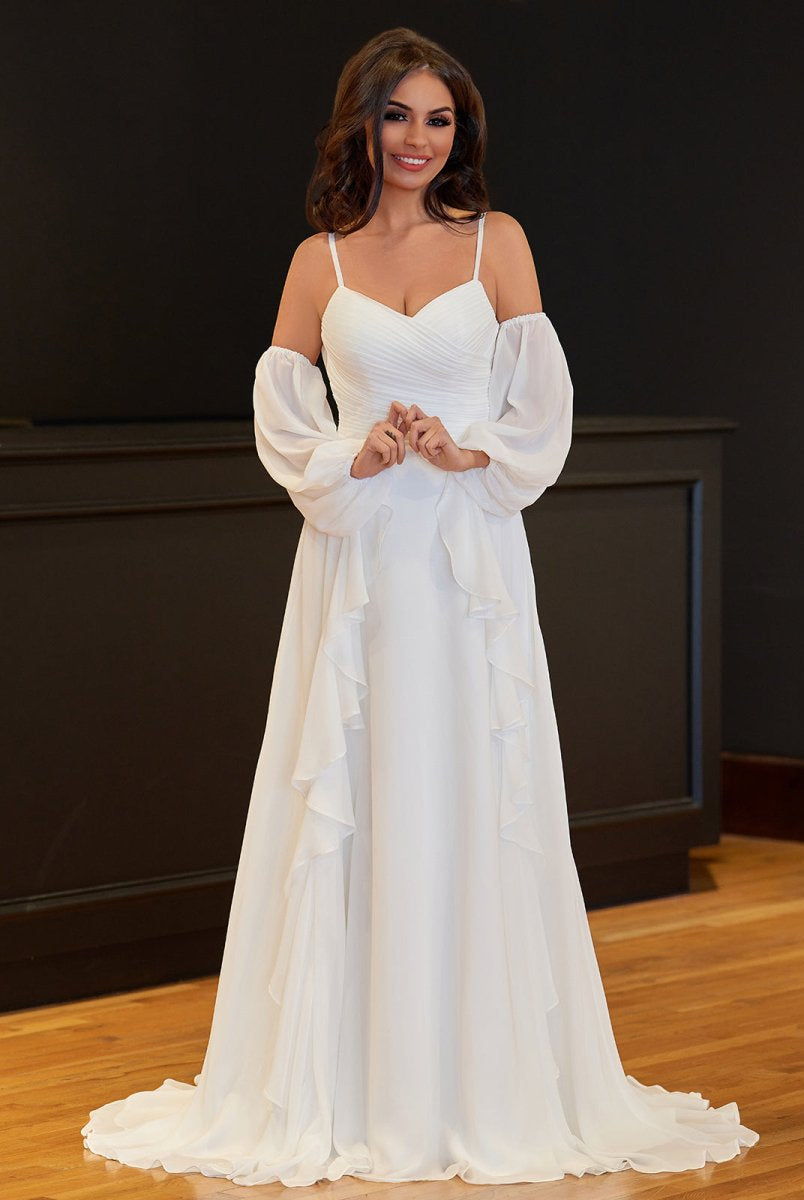 A-Line Chiffon Detachable Puffy Sleeves Wedding Dress