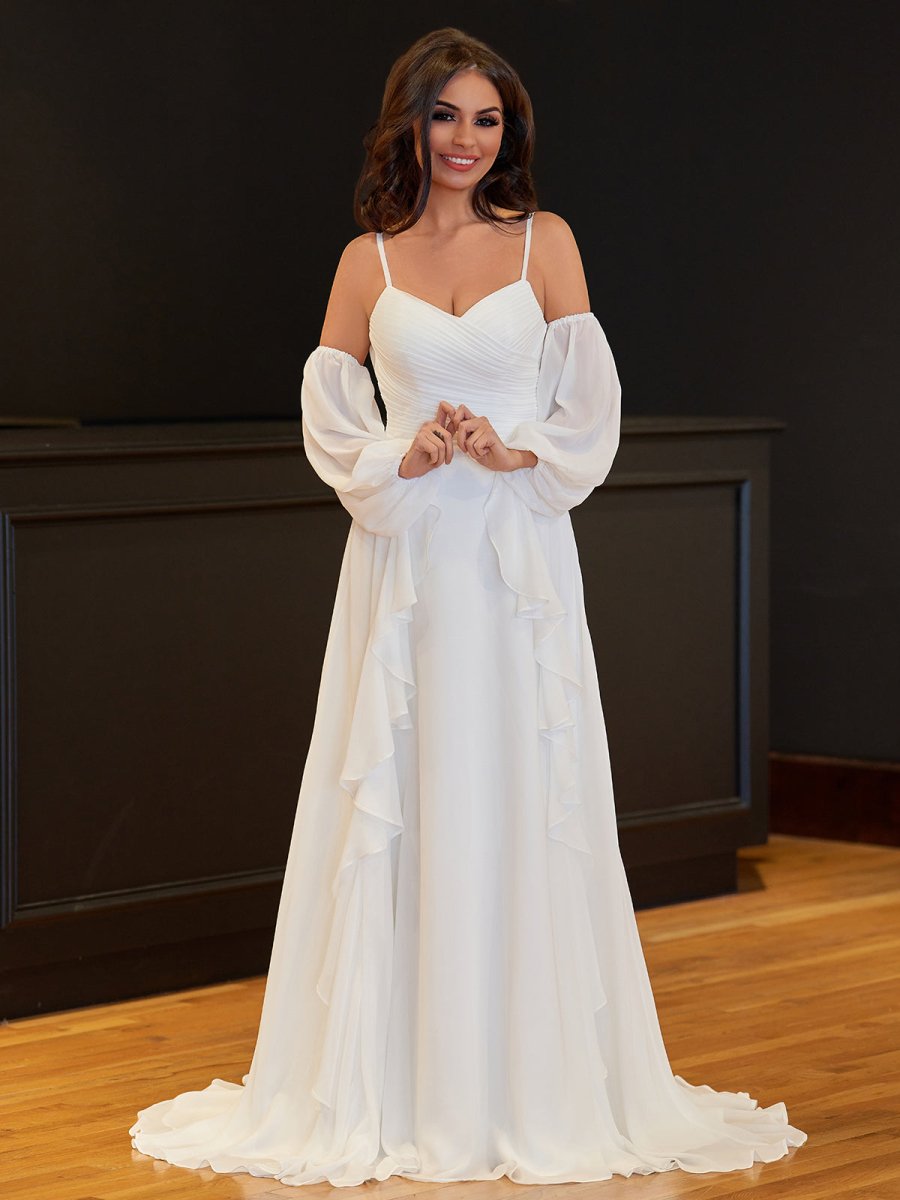 A-Line Chiffon Detachable Puffy Sleeves Wedding Dress