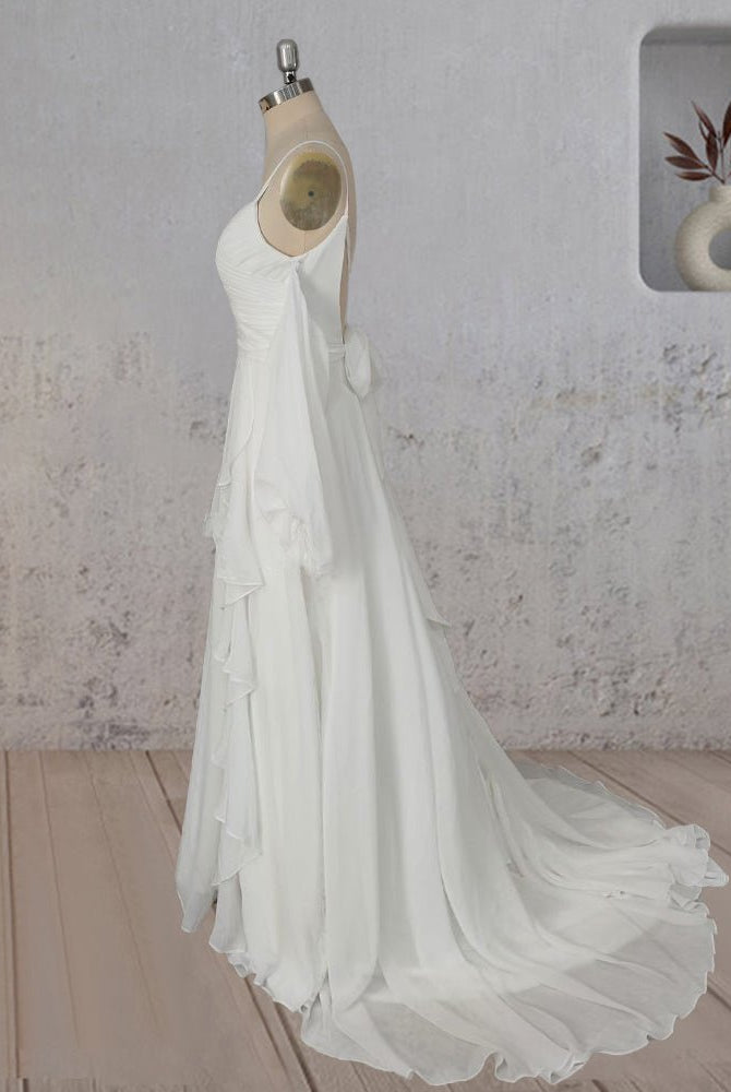 A-Line Chiffon Detachable Puffy Sleeves Wedding Dress