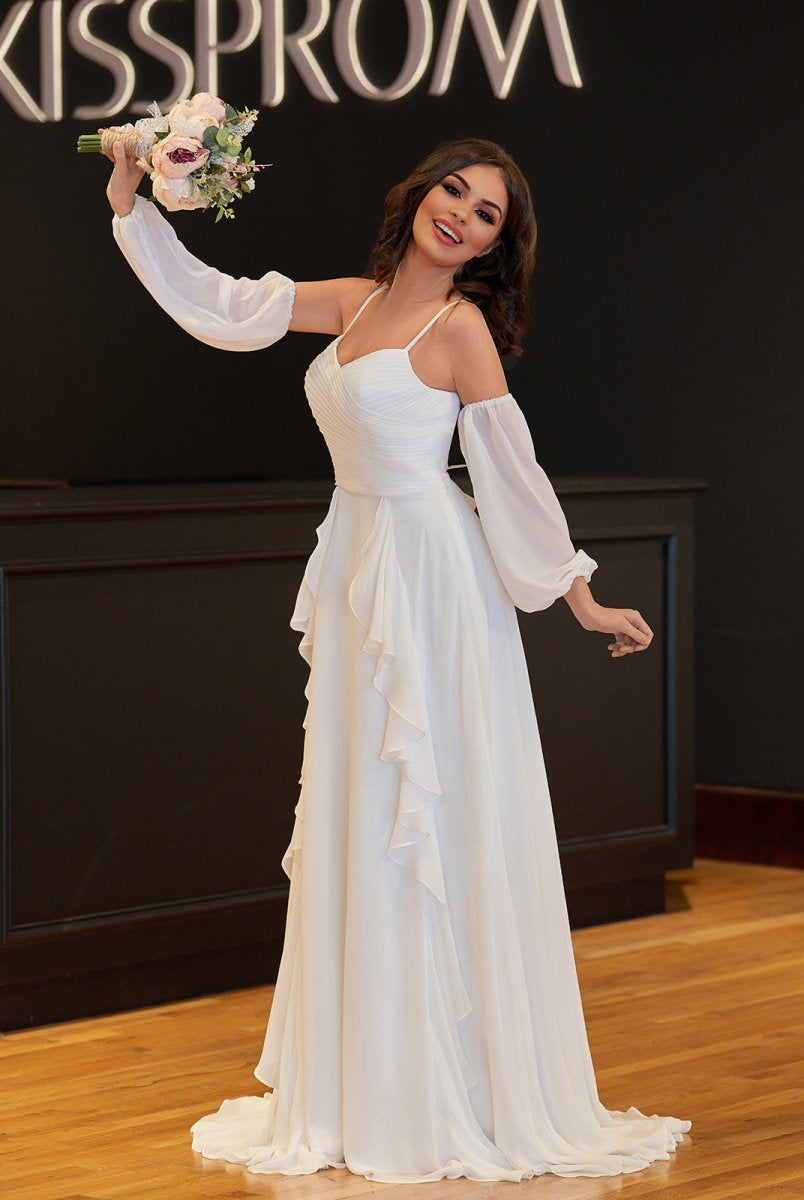 A-Line Chiffon Detachable Puffy Sleeves Wedding Dress