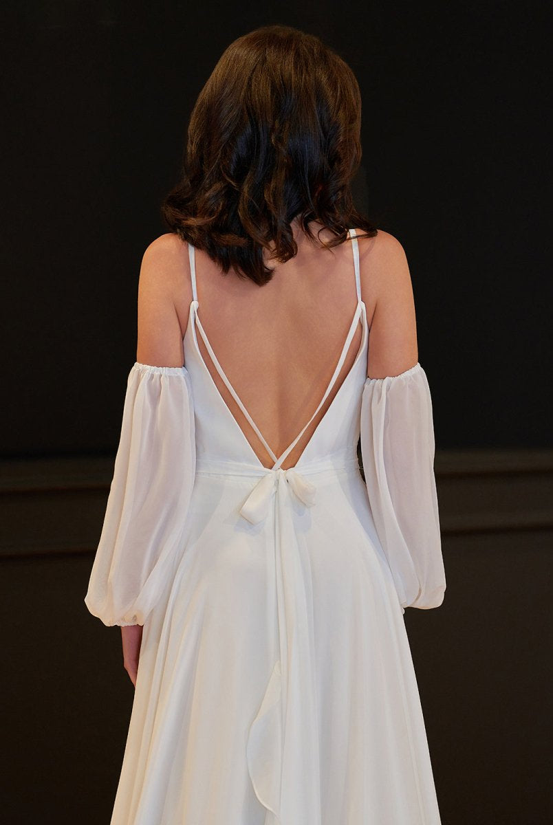 A-Line Chiffon Detachable Puffy Sleeves Wedding Dress