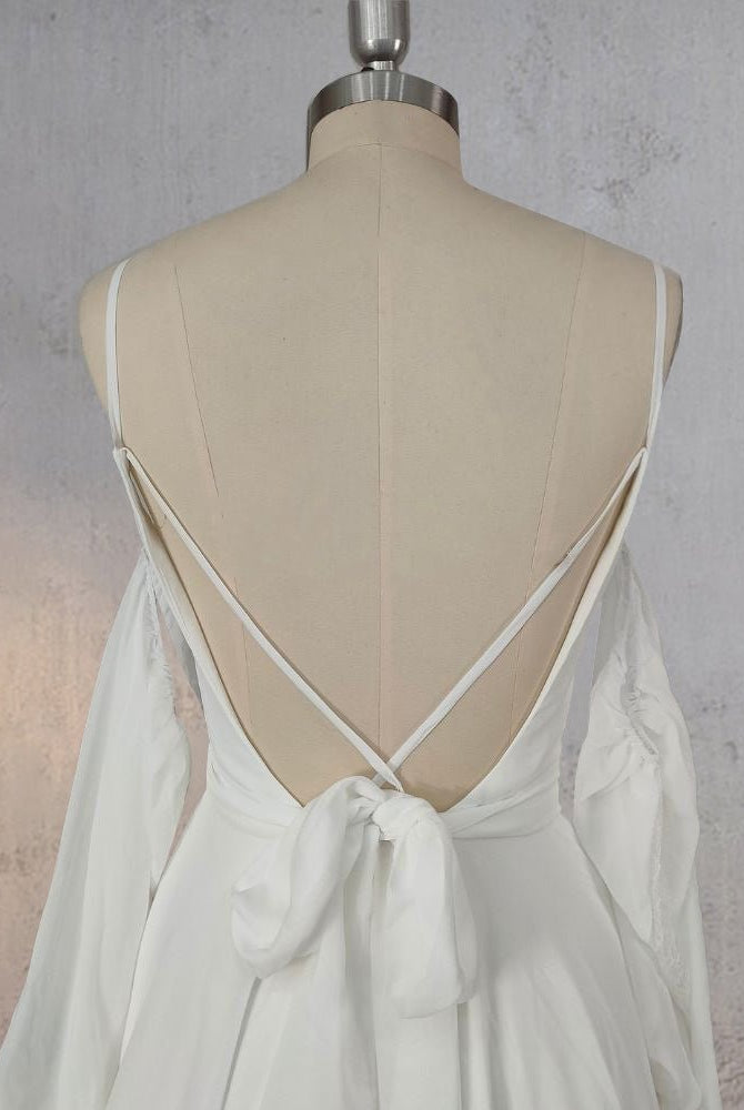 A-Line Chiffon Detachable Puffy Sleeves Wedding Dress