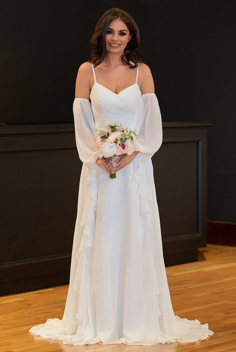 A-Line Chiffon Detachable Puffy Sleeves Wedding Dress