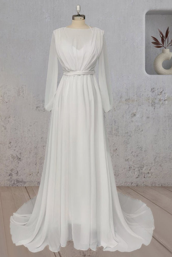 A - Line Chiffon Elegance Wedding Dress with Sweep Train - KissProm