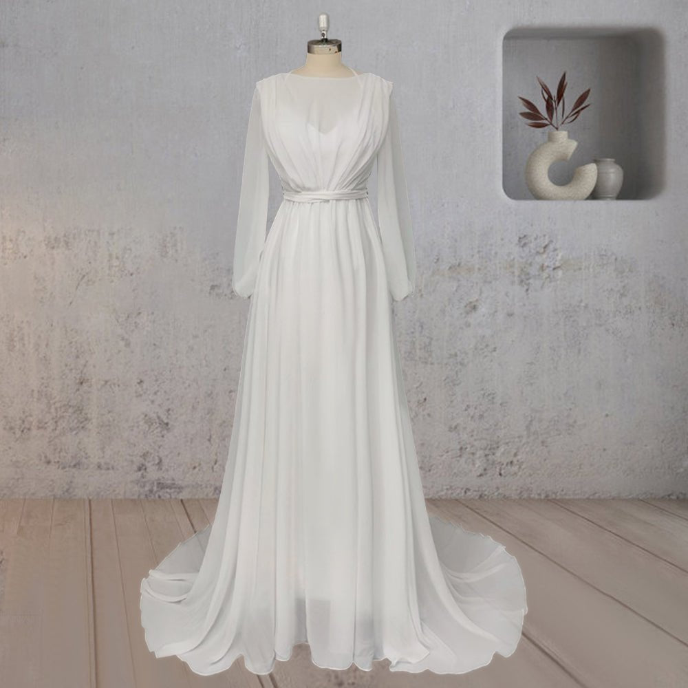 A - Line Chiffon Elegance Wedding Dress with Sweep Train - KissProm