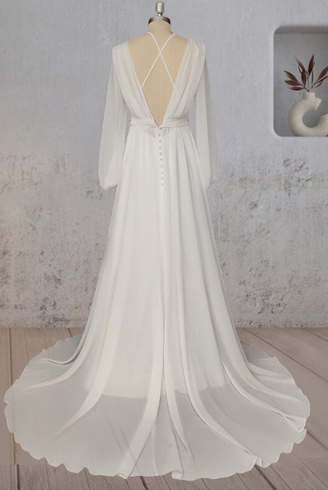 A - Line Chiffon Elegance Wedding Dress with Sweep Train - KissProm