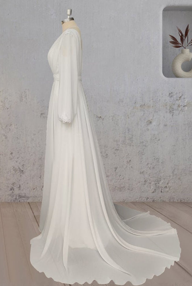 A - Line Chiffon Elegance Wedding Dress with Sweep Train - KissProm