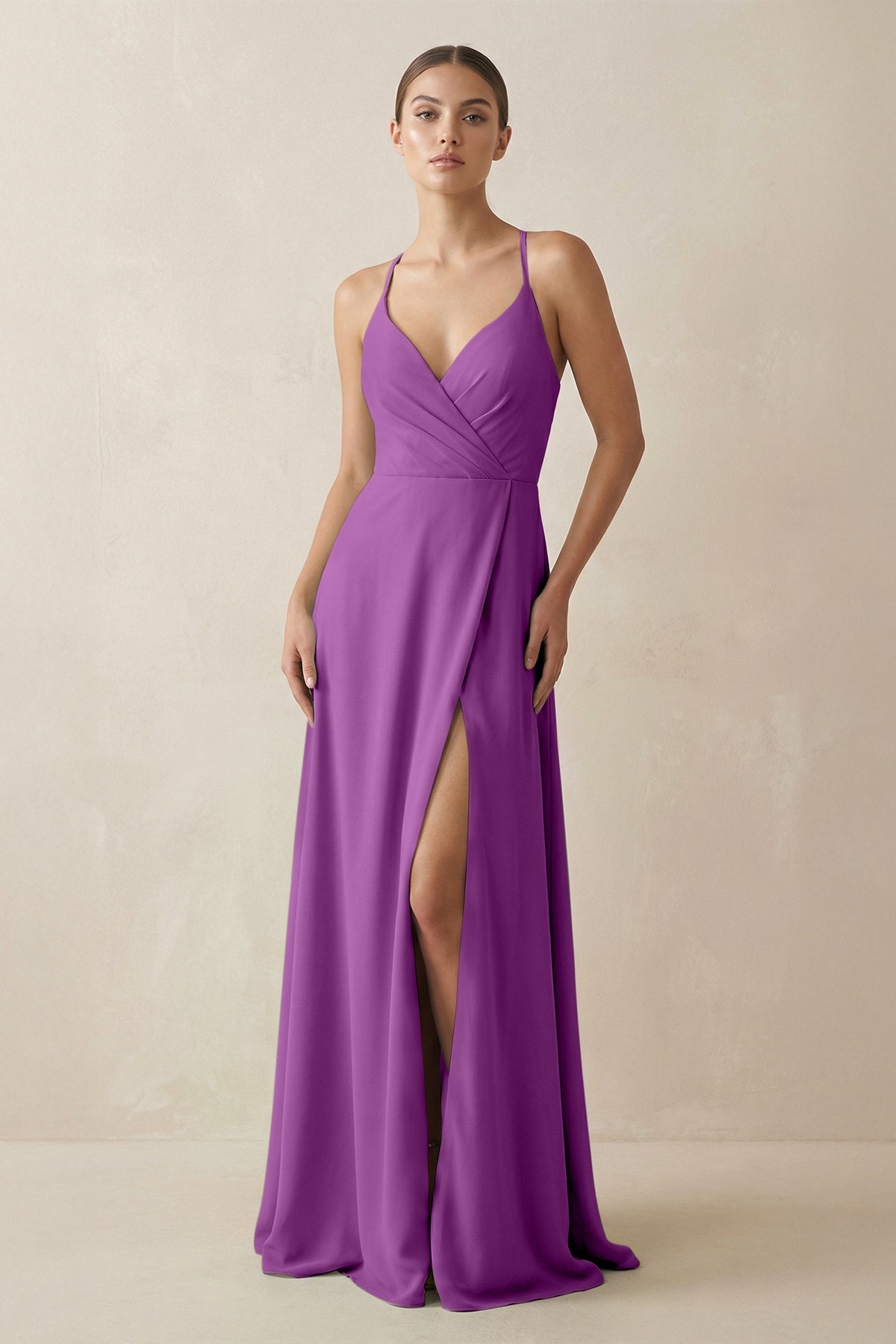 A-Line Chiffon Long Bridesmaid Dress With Slit in Amethyst, Amethyst / 30