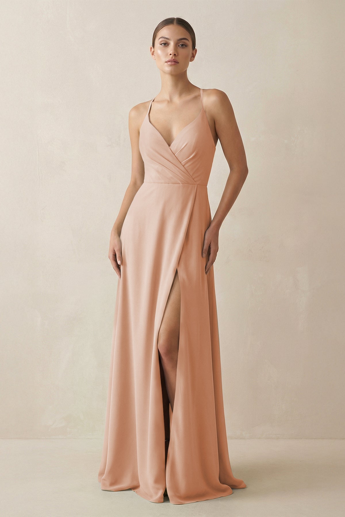 A-Line Chiffon Long Bridesmaid Dress With Slit in Champagne Rose