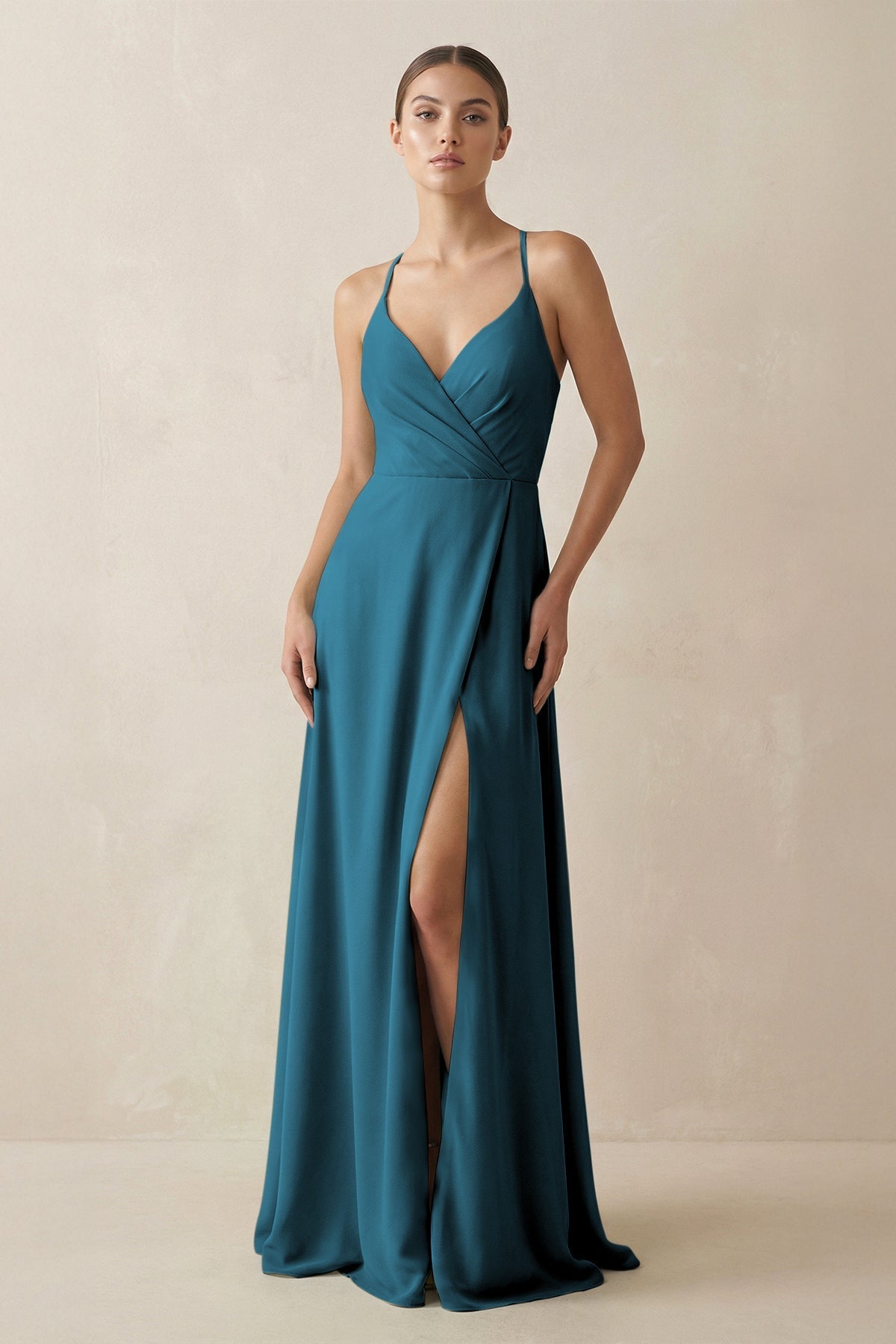 A-Line Chiffon Long Bridesmaid Dress With Slit in Dark Teal, Dark Teal / 8