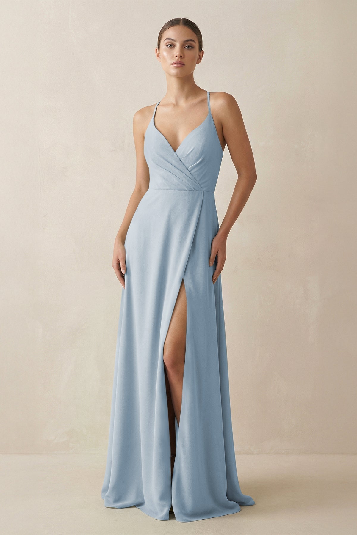 KissProm A-Line Chiffon Long Bridesmaid Dress With Slit in Dusty Blue, Dusty Blue / 26