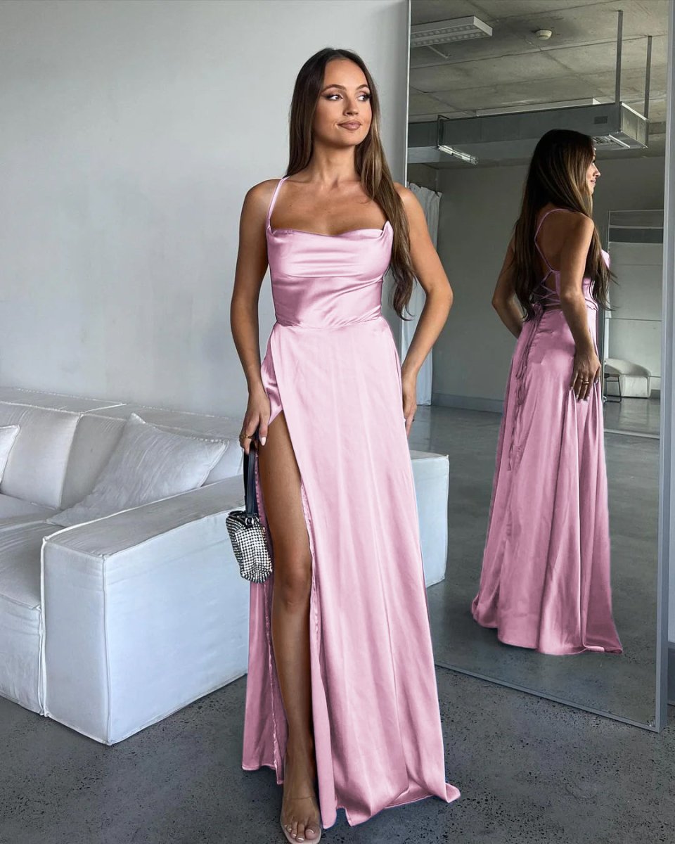 A Line Cowl Neck Blue Silk Satin Bridesmaid Dresses with Slit