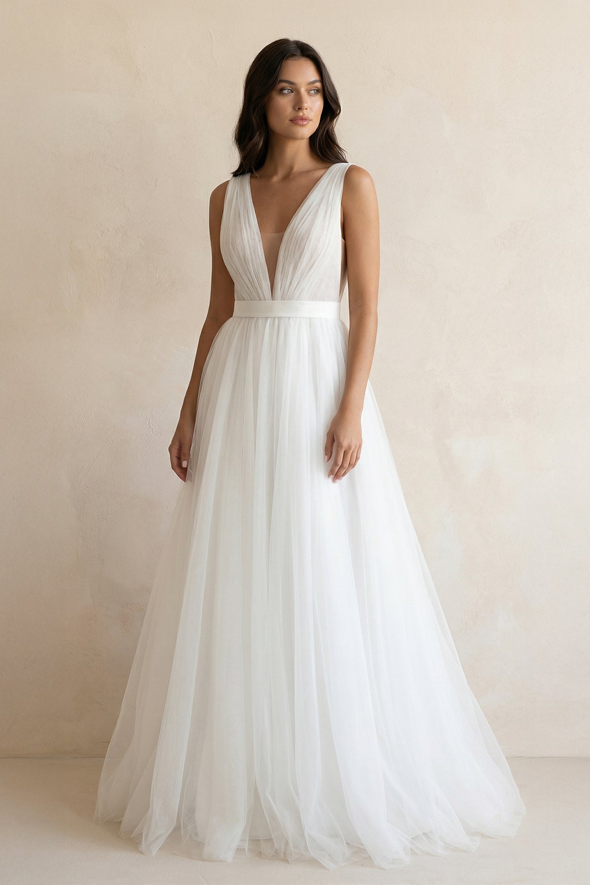 bridal beach wedding dresses A-Line Deep V-neck Sleeveless Sweep Train Tulle Beach Wedding Dresses, Diamond White / 22