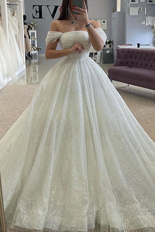 A-Line Detachable Off-Shoulder Empire Glitter Tulle Wedding Dress, Diamond White / 4