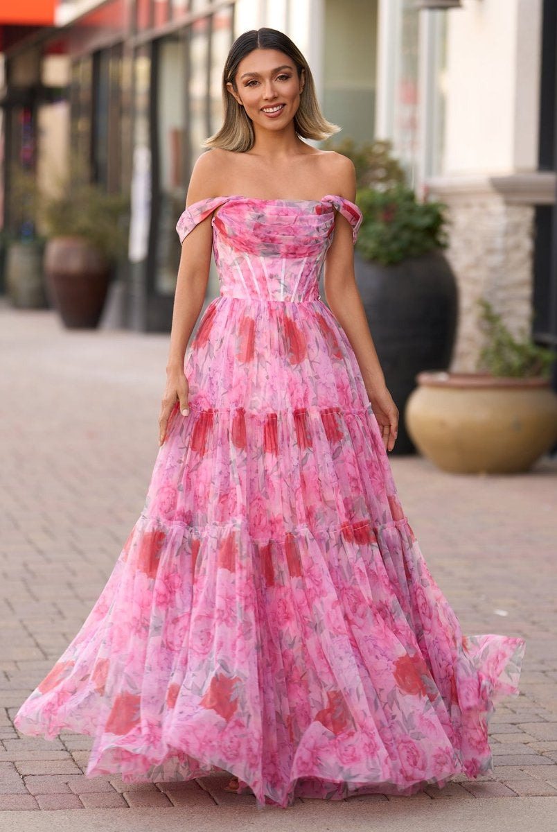 A Line Floral Pink Long Prom Dress