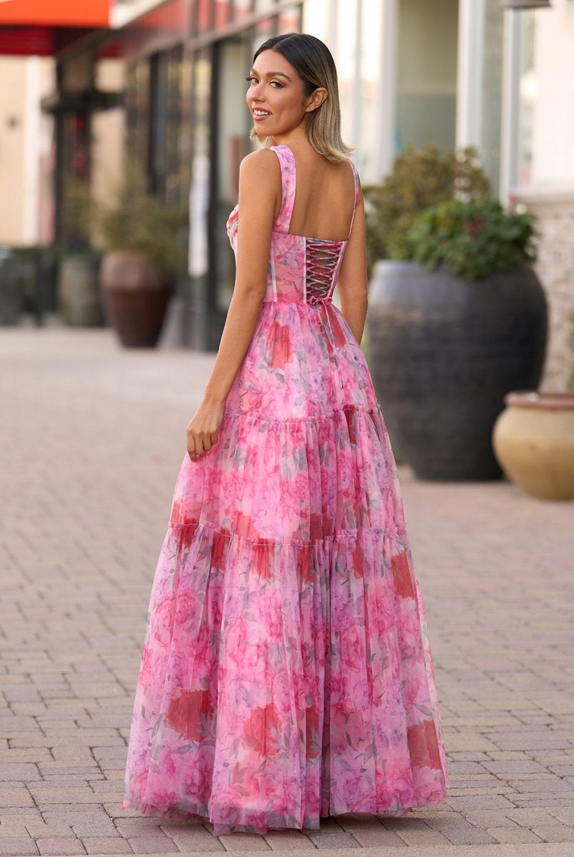 A Line Floral Pink Long Prom Dress