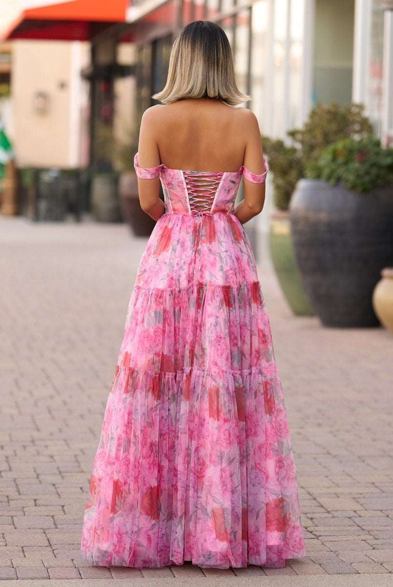 A Line Floral Pink Long Prom Dress