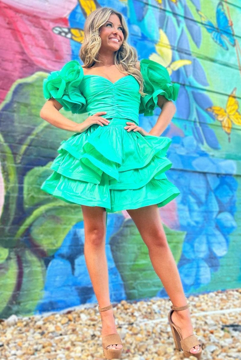 A-Line Green Ruffle Sleeves Layered Two Pieces Short Party Dress