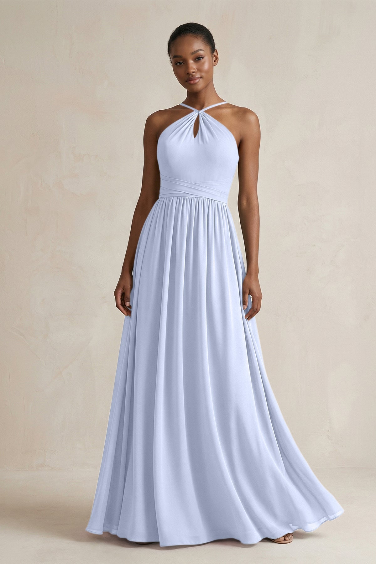 KissProm | Halter Sheath Ruched Chiffon Bridesmaid Dress in Ice KissProm | Halter Sheath Ruched Chiffon Bridesmaid Dress in Ice