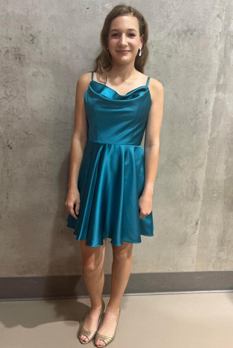 A Line Hot Pink Cowl Neck Lace-Up Short Homecoming Dress