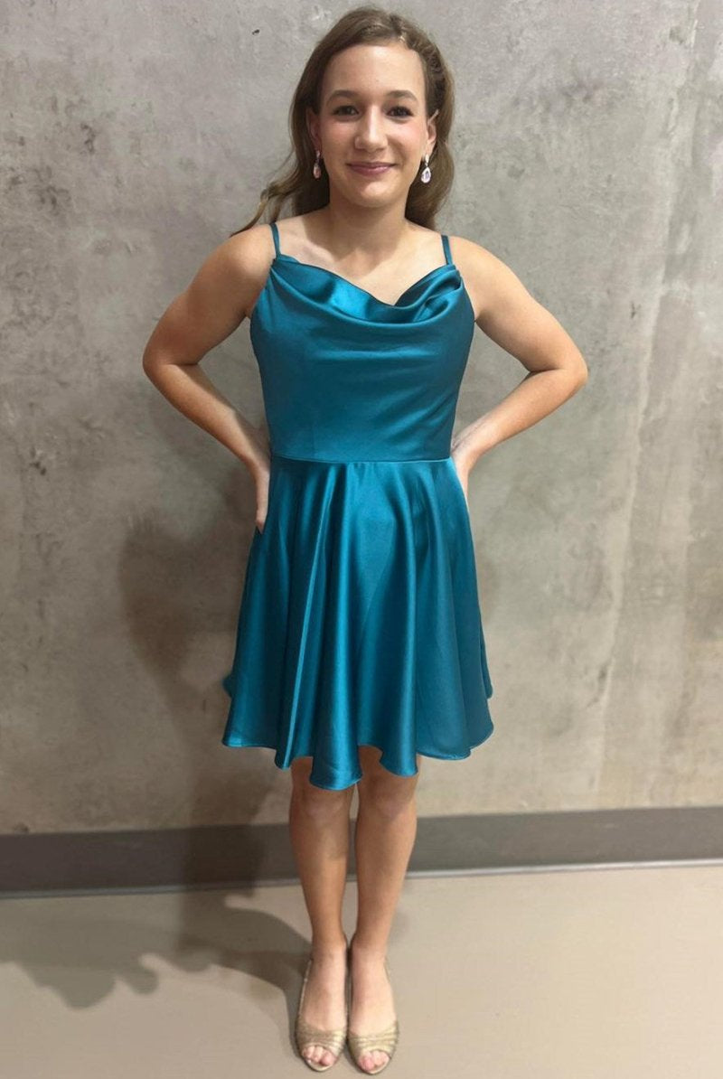 A Line Hot Pink Cowl Neck Lace-Up Short Homecoming Dress